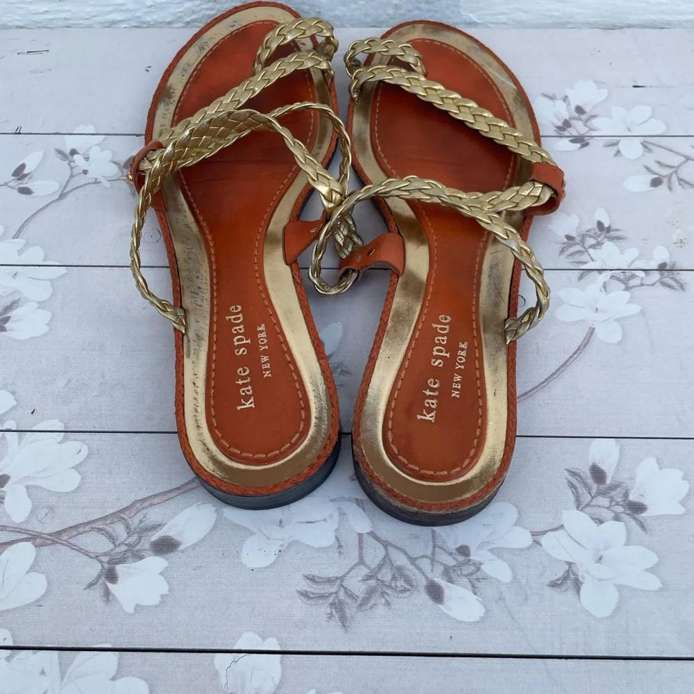 Kate Spade Idonia Tan and Gold Braided Strap Slide Sandals